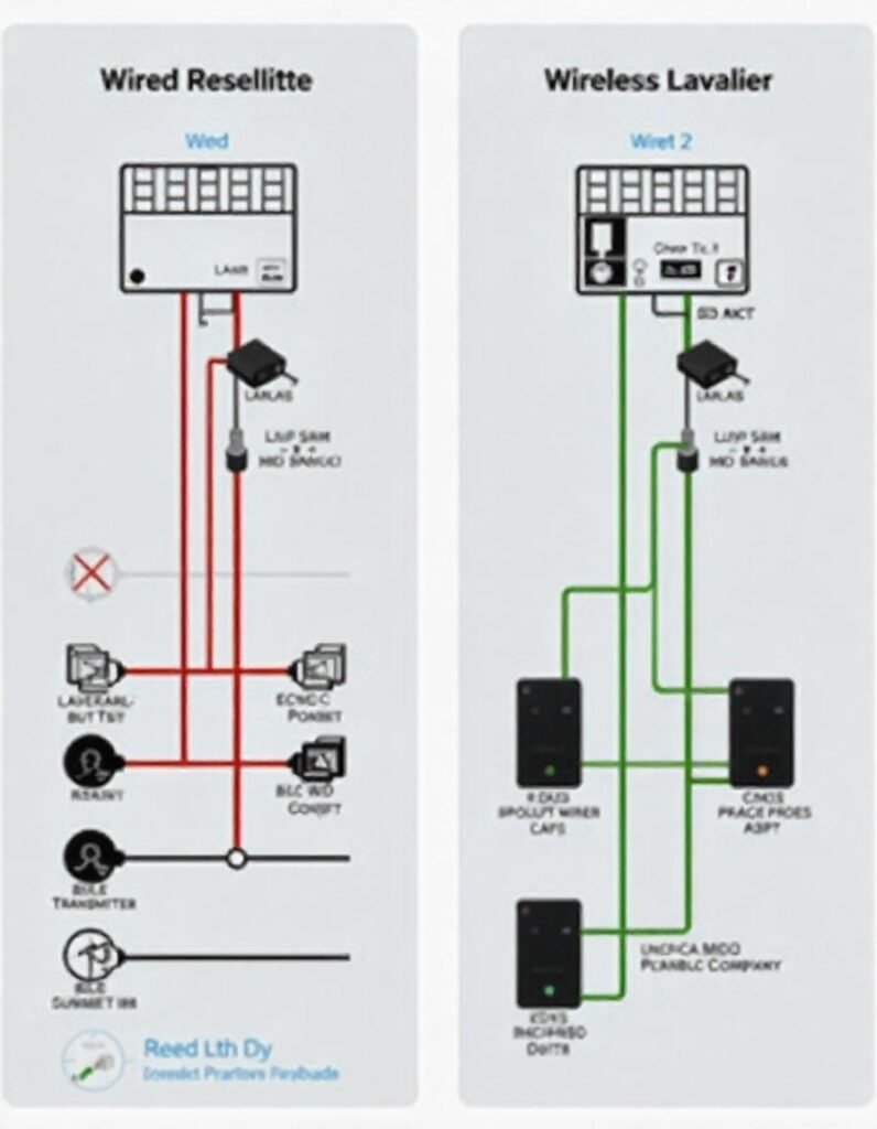  A side-by-side comparison of a wired and wireless lavalier microphone setup, with visible connections and transmitters.
