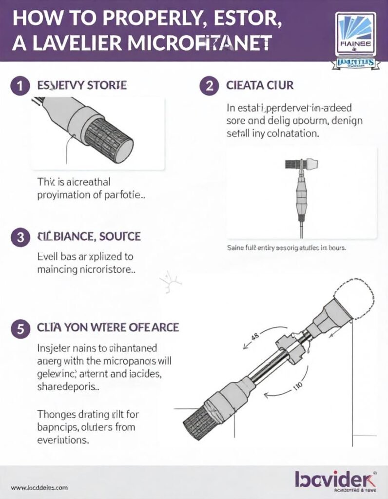 A visual demonstrating how to properly store, clean, or maintain a lavalier microphone, perhaps with labeled tips or a step-by-step guide
