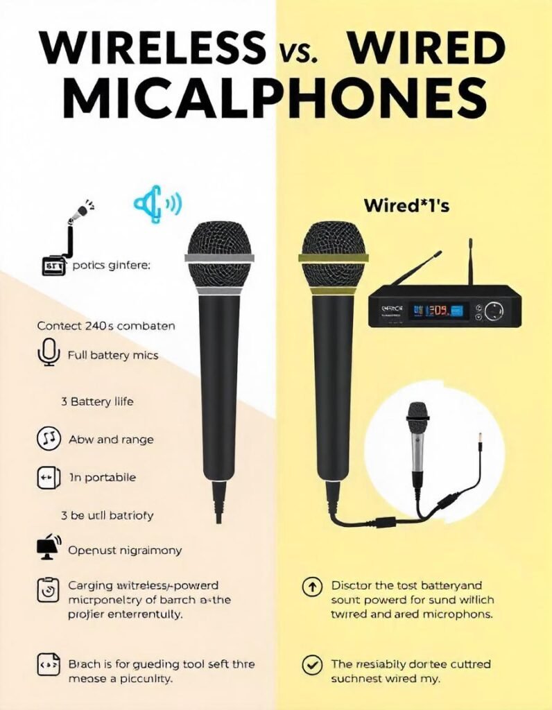 a side-by-side comparison of wireless (battery-powered) versus wired handheld microphones