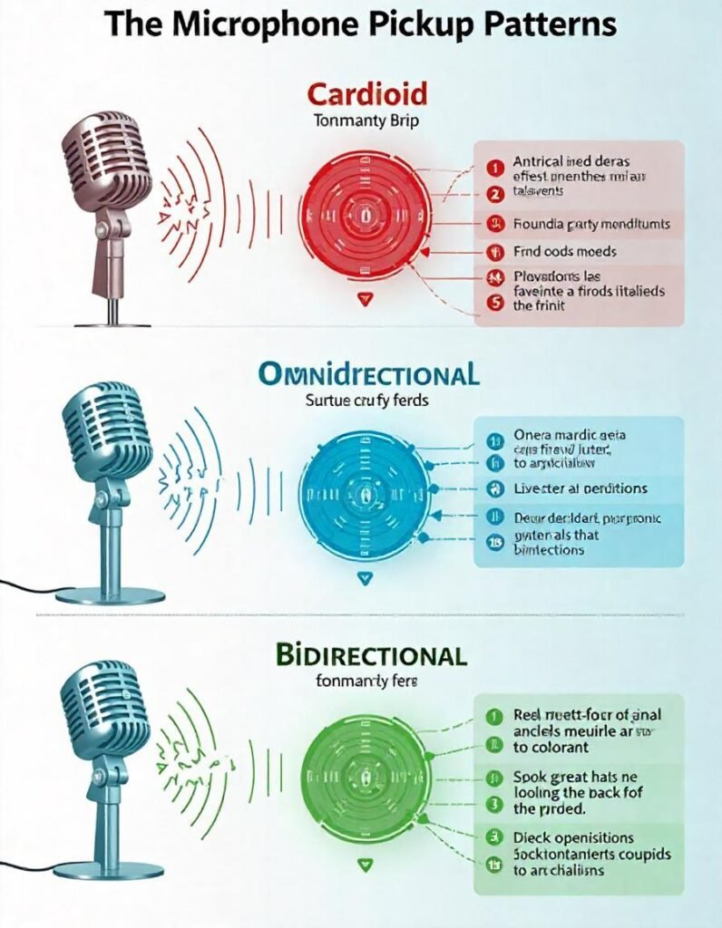 Comparison of microphone pickup patterns: Cardioid, Omnidirectional, and Bidirectional with directional arrows showing how each microphone captures sound