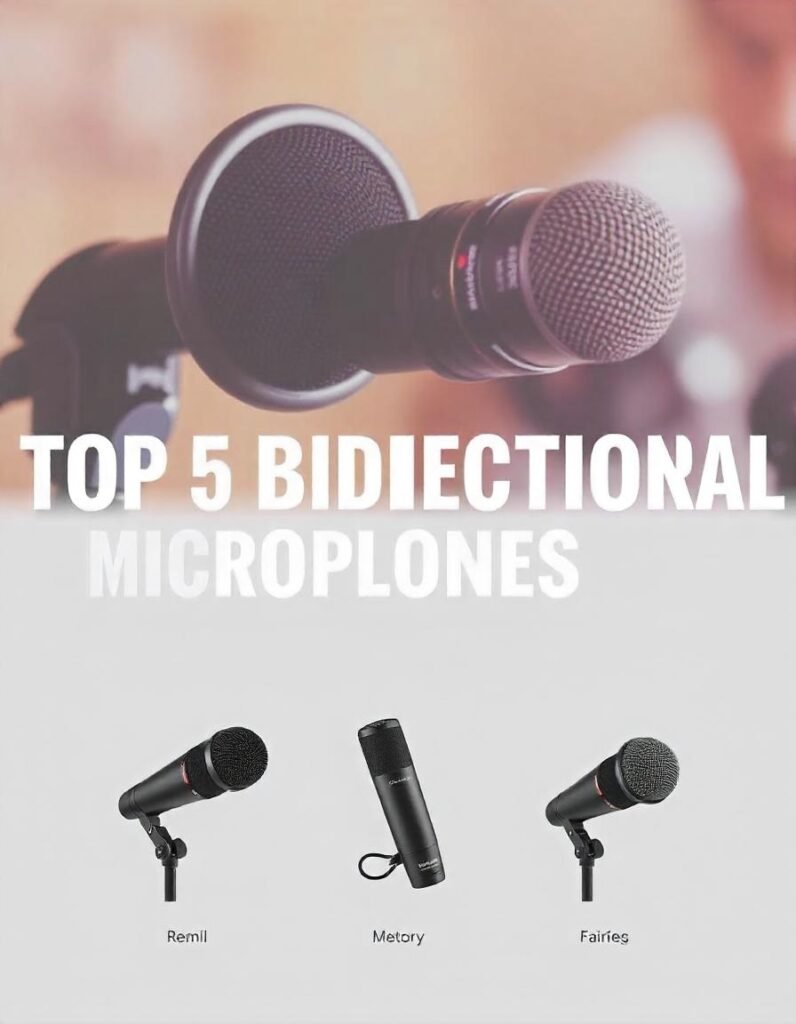 Top 5 bidirectional microphones for vlogging including Shure SM7B, Audio-Technica AT2020, Rode NT1-A, Blue Yeti X, and Samson Q2U, with product names under each image