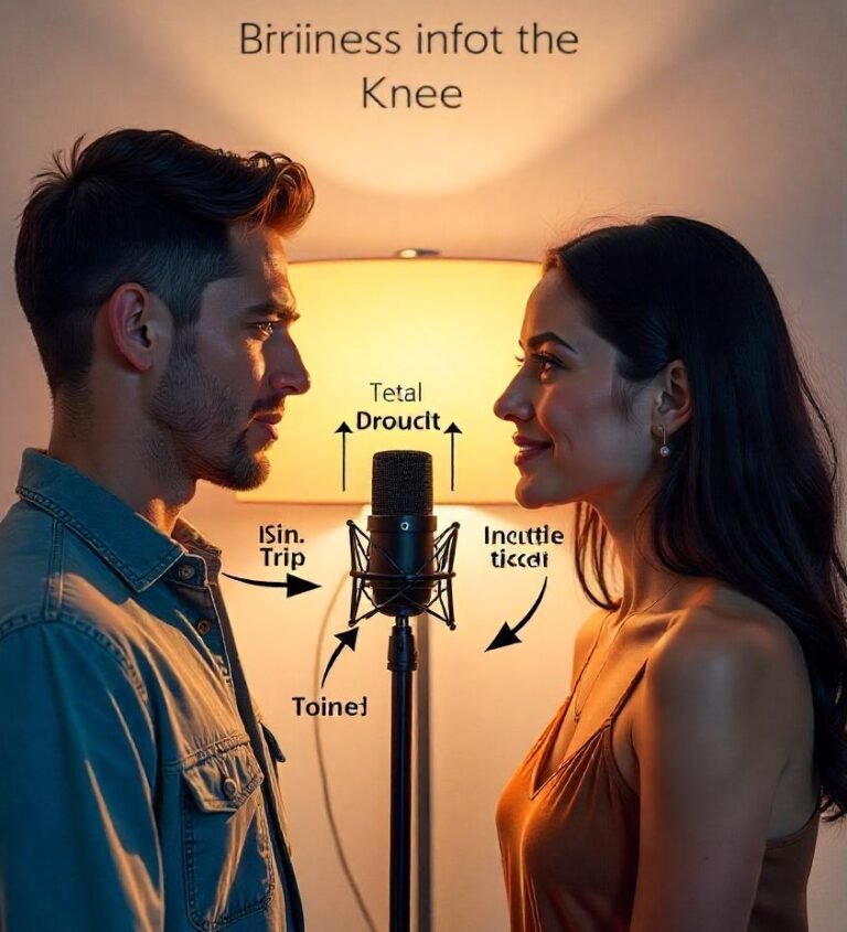 Illustration showing proper microphone setup for vlogging, including two people facing a bidirectional mic with optimal placement and distance."