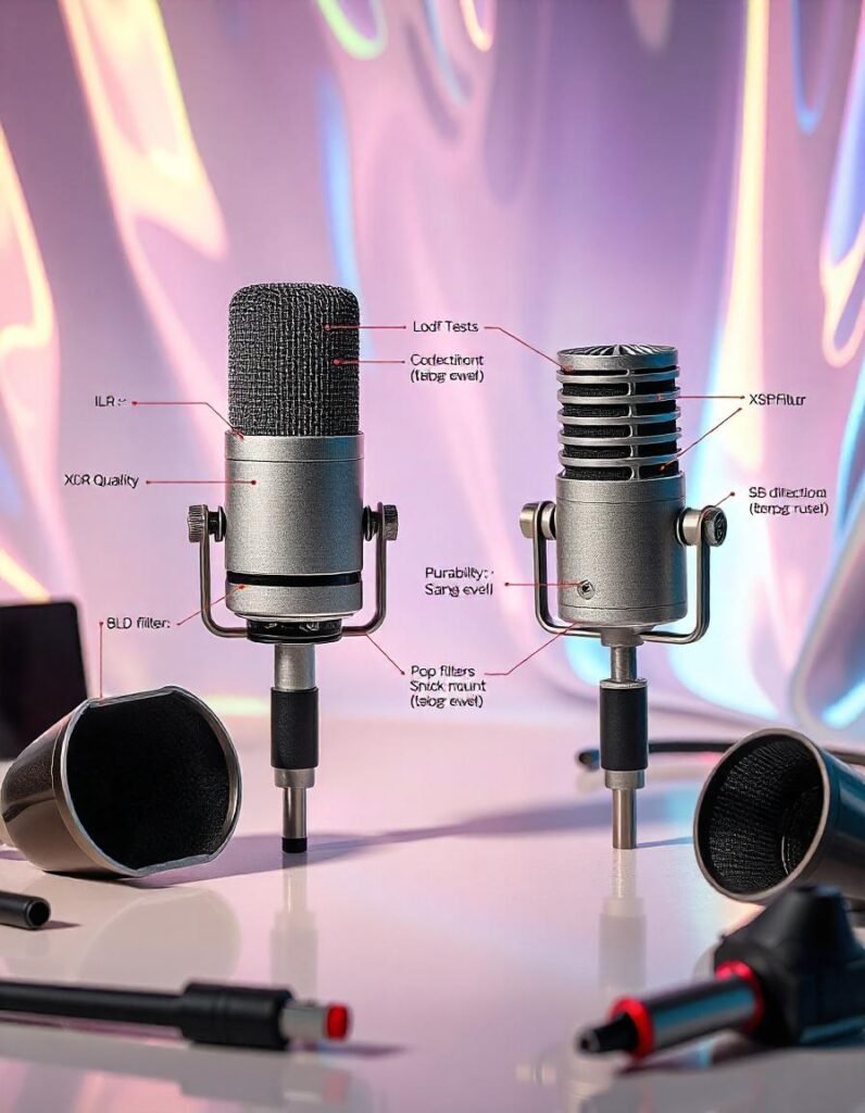 Key features of bidirectional microphones including connectivity options (USB vs XLR), sound quality, durability, and additional accessories like pop filters and shock mounts