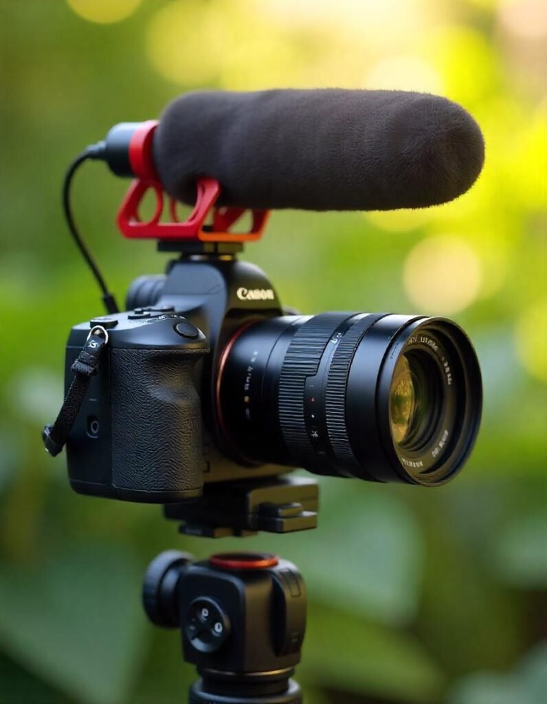 Vlogging camera setup with an external microphone (Rode VideoMic Pro) for improved audio quality."