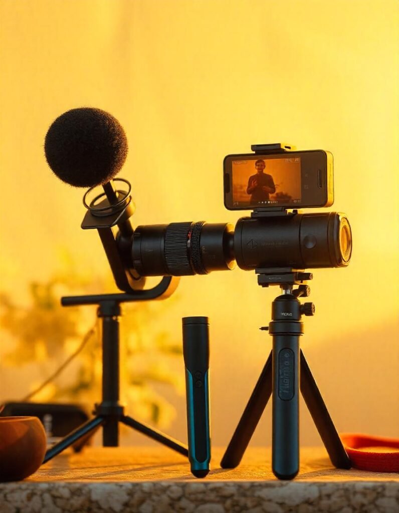 Essential vlogging accessories including a microphone, gimbal, and tripod for better video quality and stabilization.