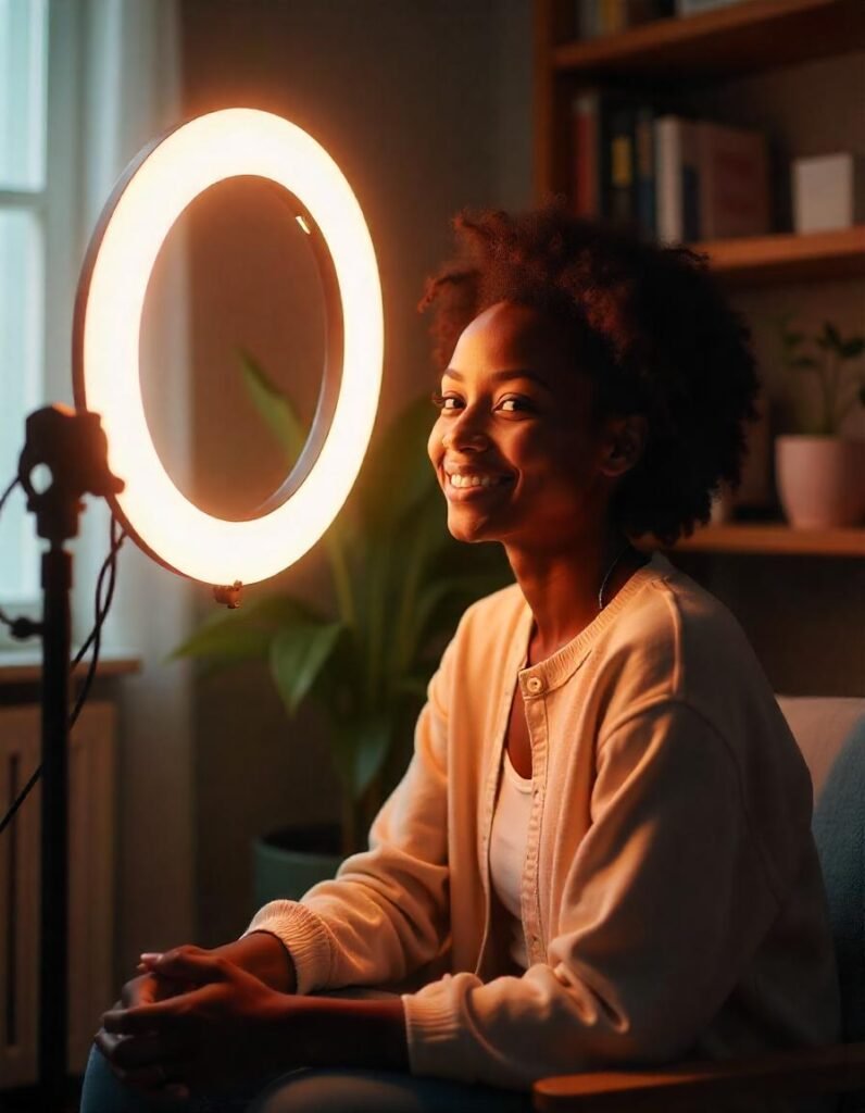Vlogger using a ring light for filming, creating even lighting for a professional video."