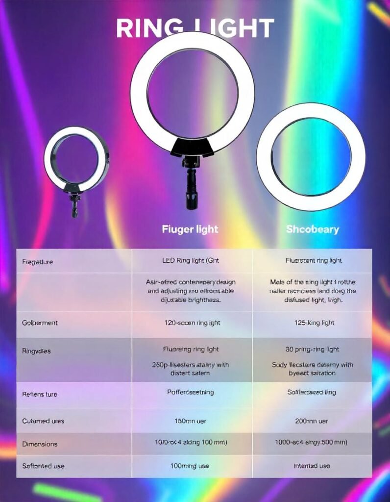 Comparison chart of LED, Fluorescent, and Bi-Color ring lights for vlogging, highlighting key features."