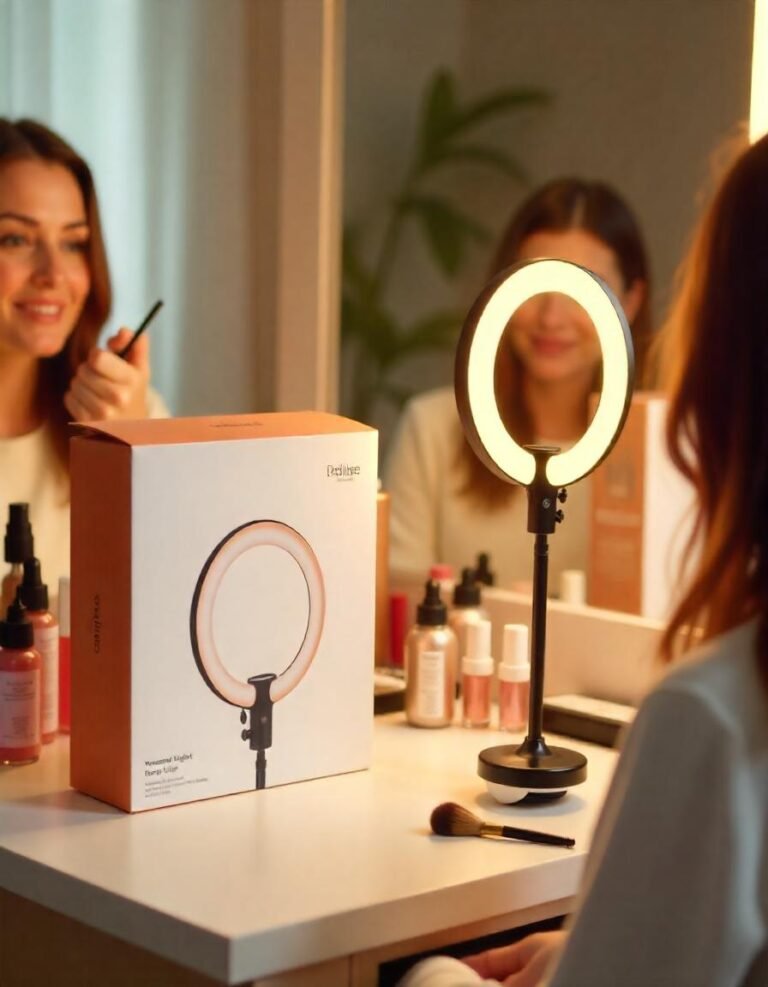 Product review image of the Neewer 18” LED Ring Light Kit, showing the box and the ring light in use