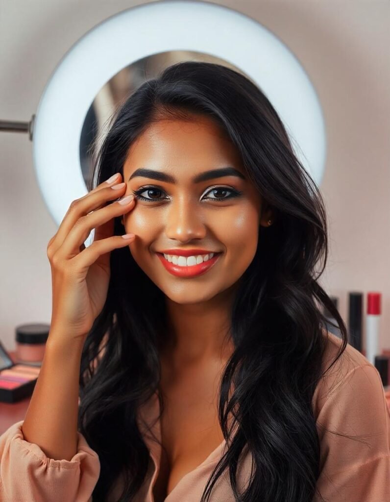 Beauty vlogger using a ring light for flawless makeup tutorial lighting, creating a soft and even glow