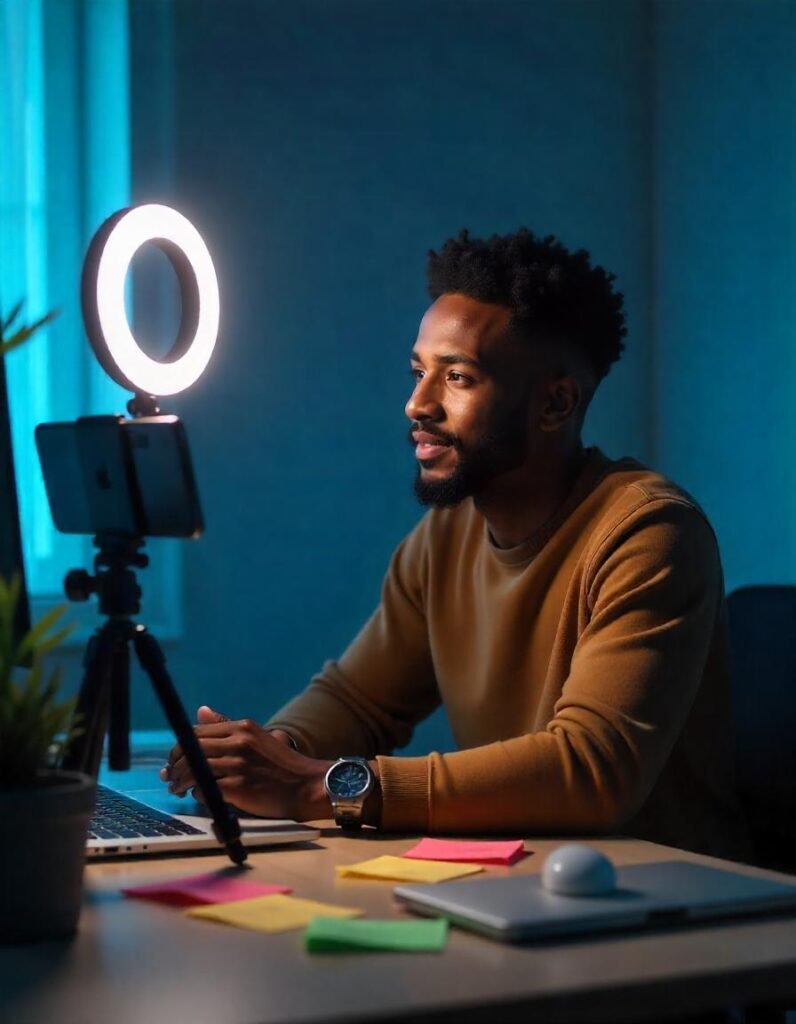 Budget-friendly vlogging setup using a phone and smaller ring light, perfect for beginner vloggers.