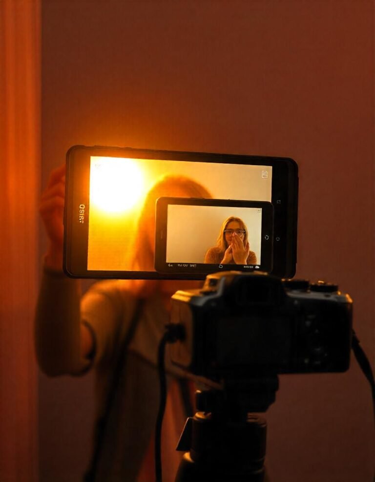 Vlogger using a camera with a flip screen for self-monitoring while recording content