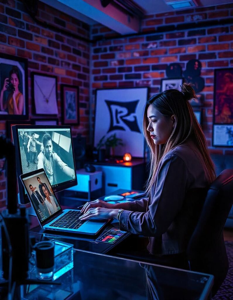 Vlogger using an external monitor for self-monitoring while filming content