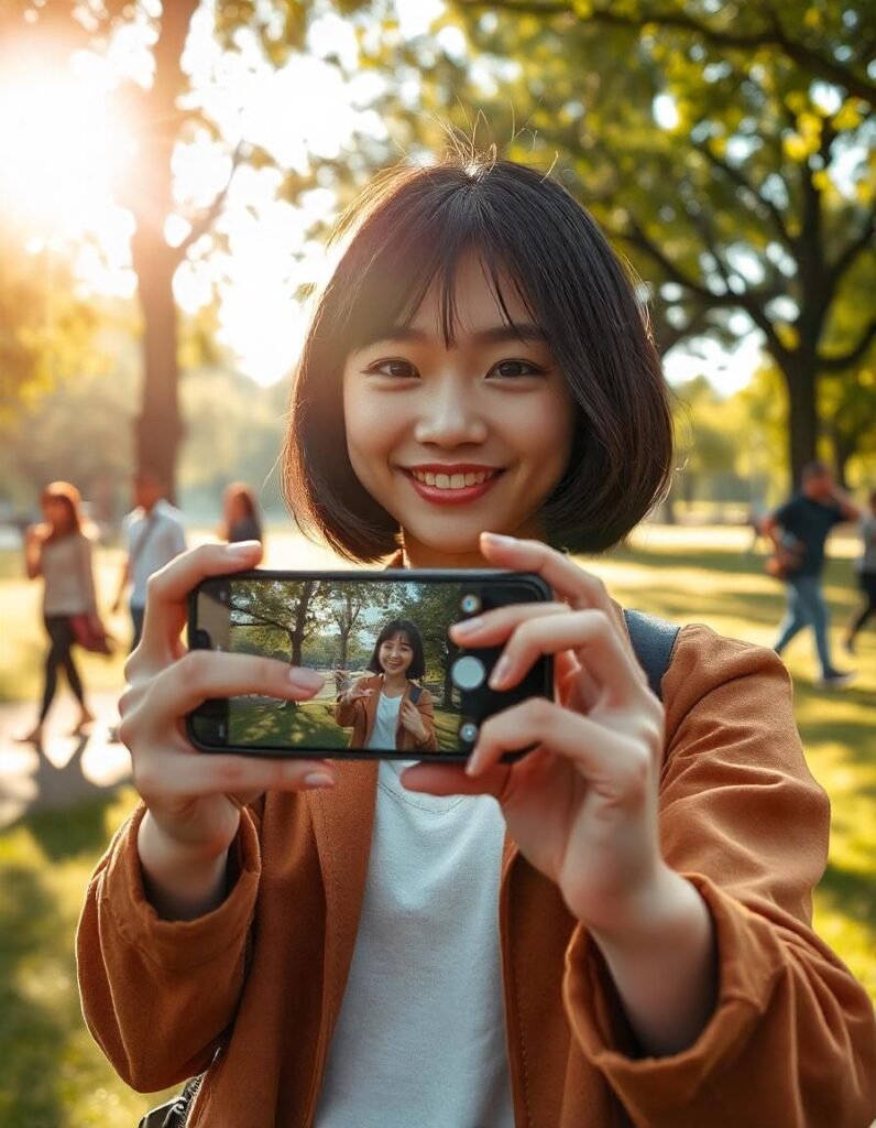 Vlogger using a smartphone to check the framing before recording content.