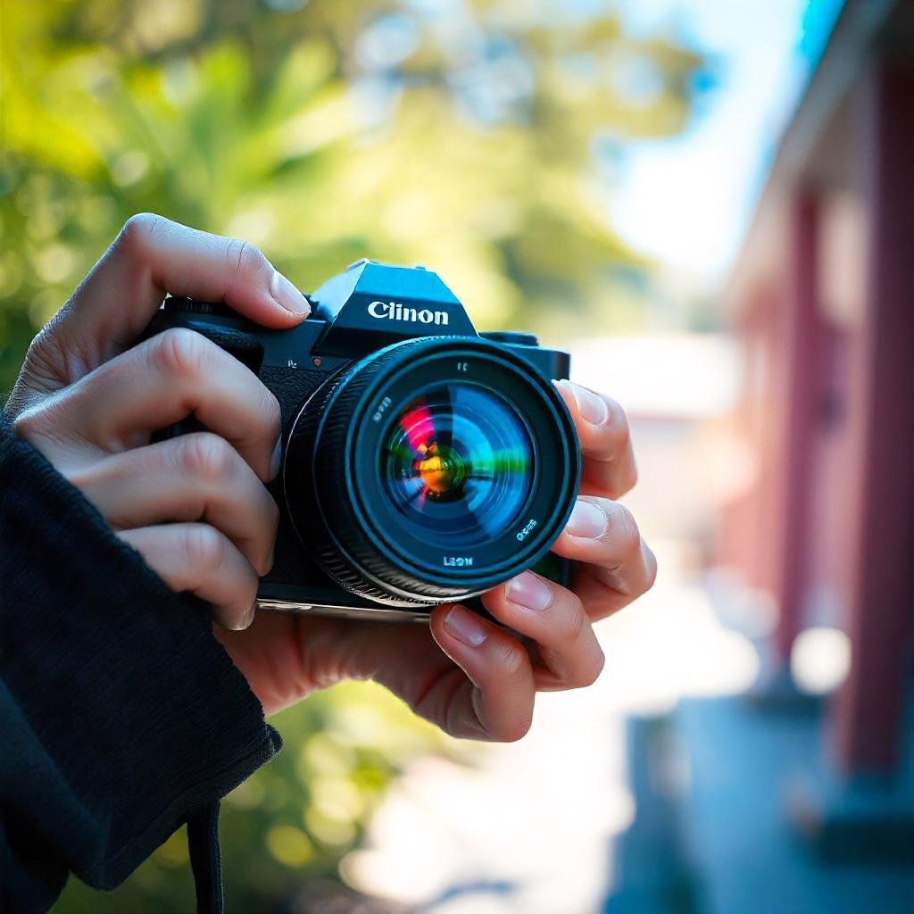  Close-up view of a mirrorless camera with a lens attached, highlighting its compact design and interchangeable lenses