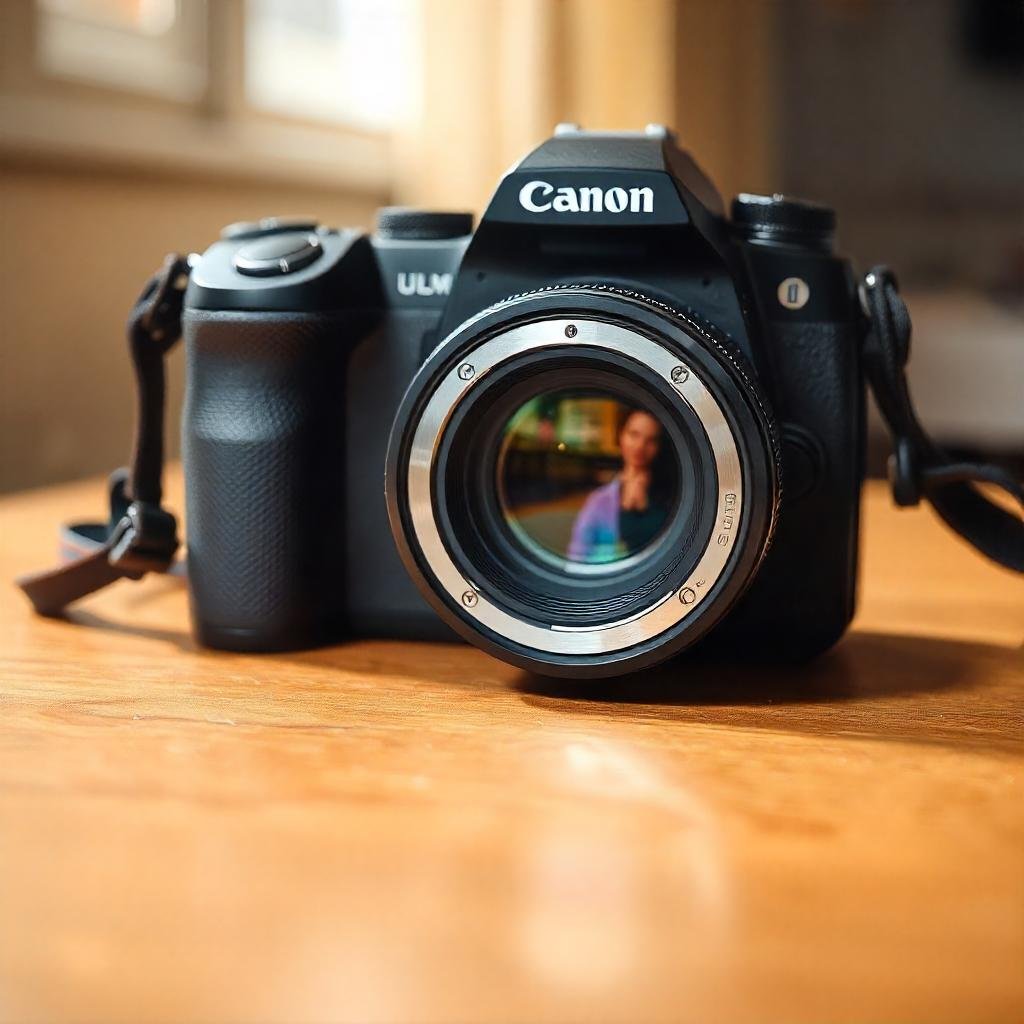 A DSLR camera with a large lens attached, showcasing its bulkier design and professional features.