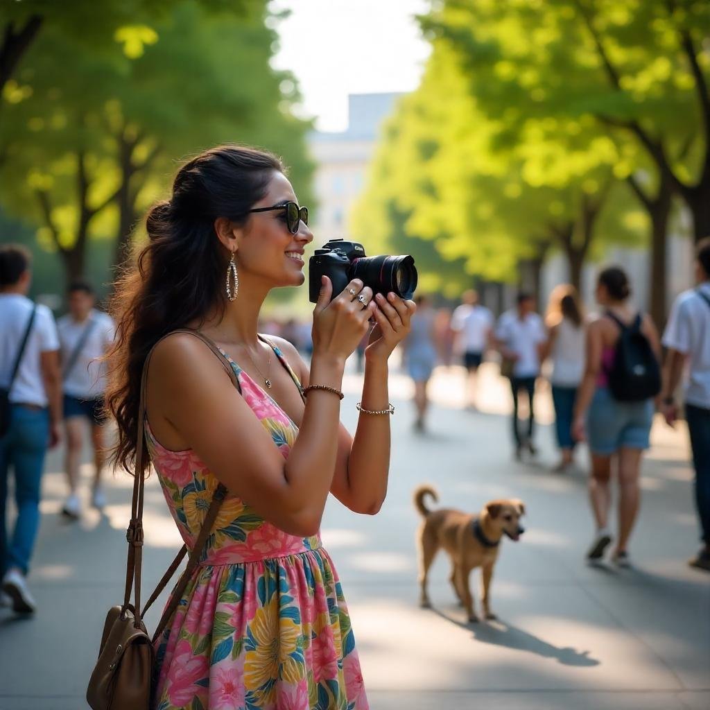  A vlogger filming outdoors using a lightweight mirrorless camera, demonstrating its portability for on-the-go filming.