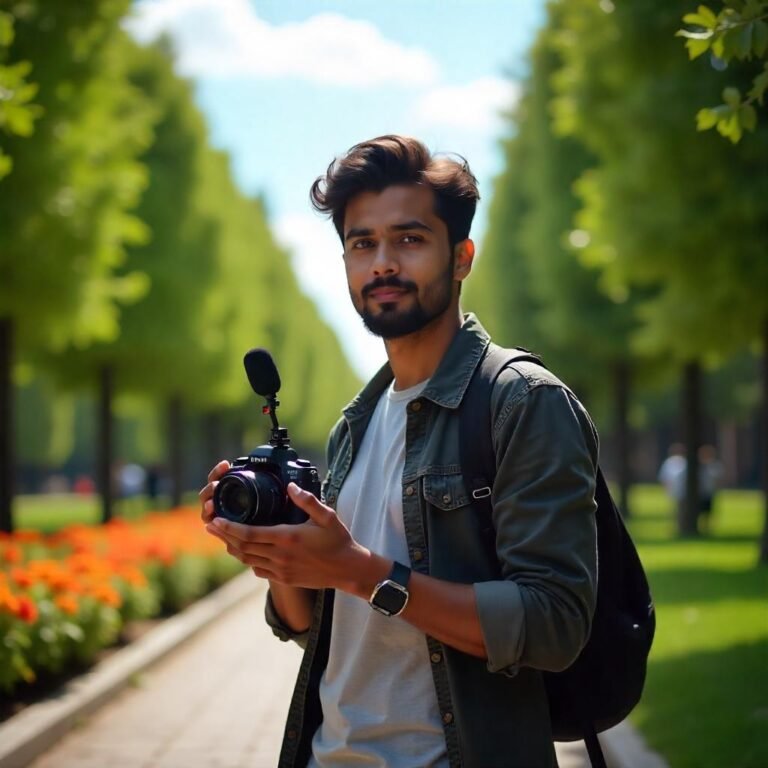 A vlogger attaching an external microphone to a mirrorless camera to capture clear audio while filming.