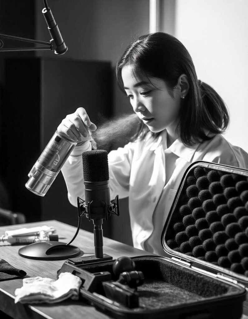 Design a visual guide showing how to properly clean and store a condenser microphone
