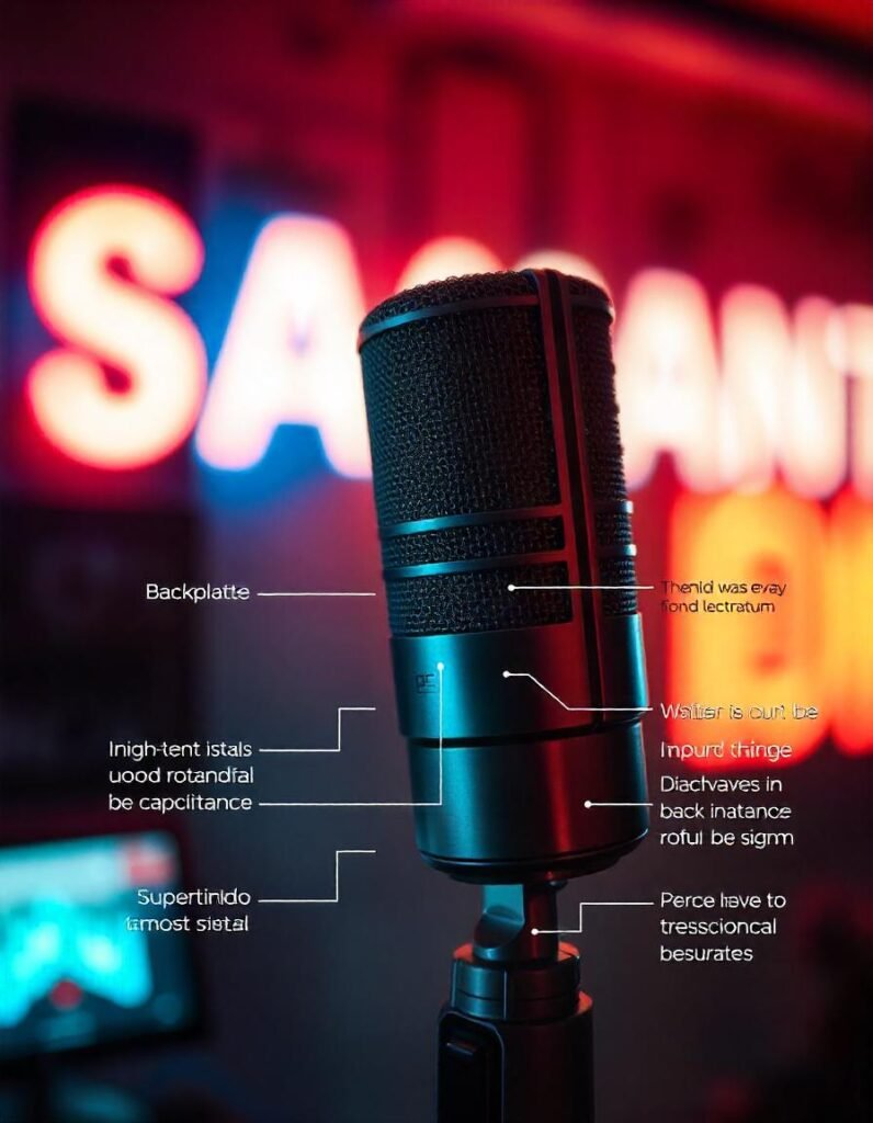 an infographic that visually explains the inner workings of a condenser microphone