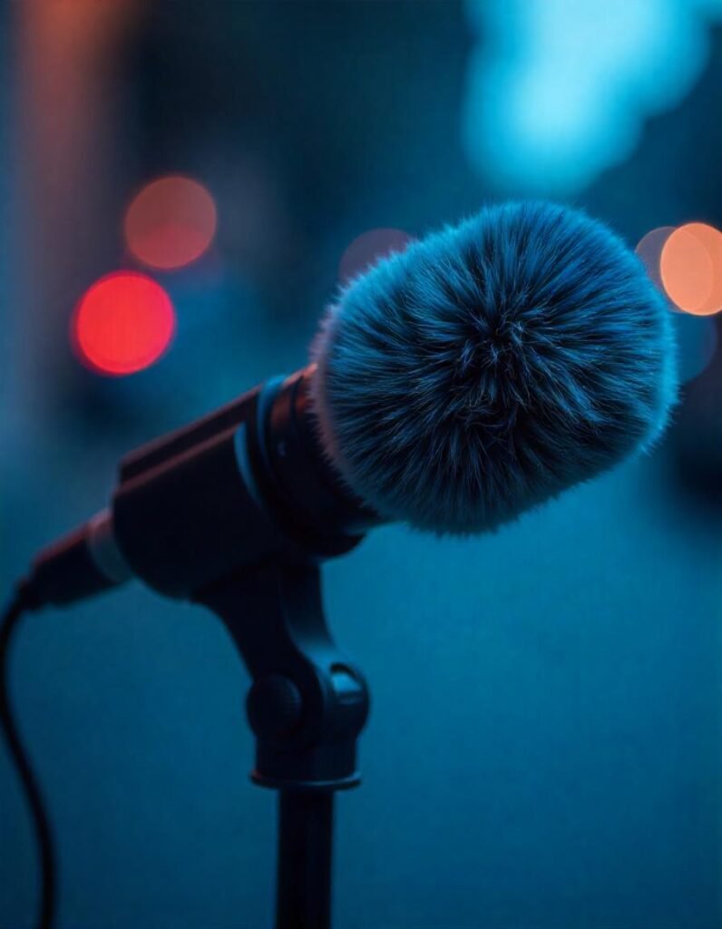 Cardioid microphone with windscreen accessory to reduce outdoor wind noise for vlogging."