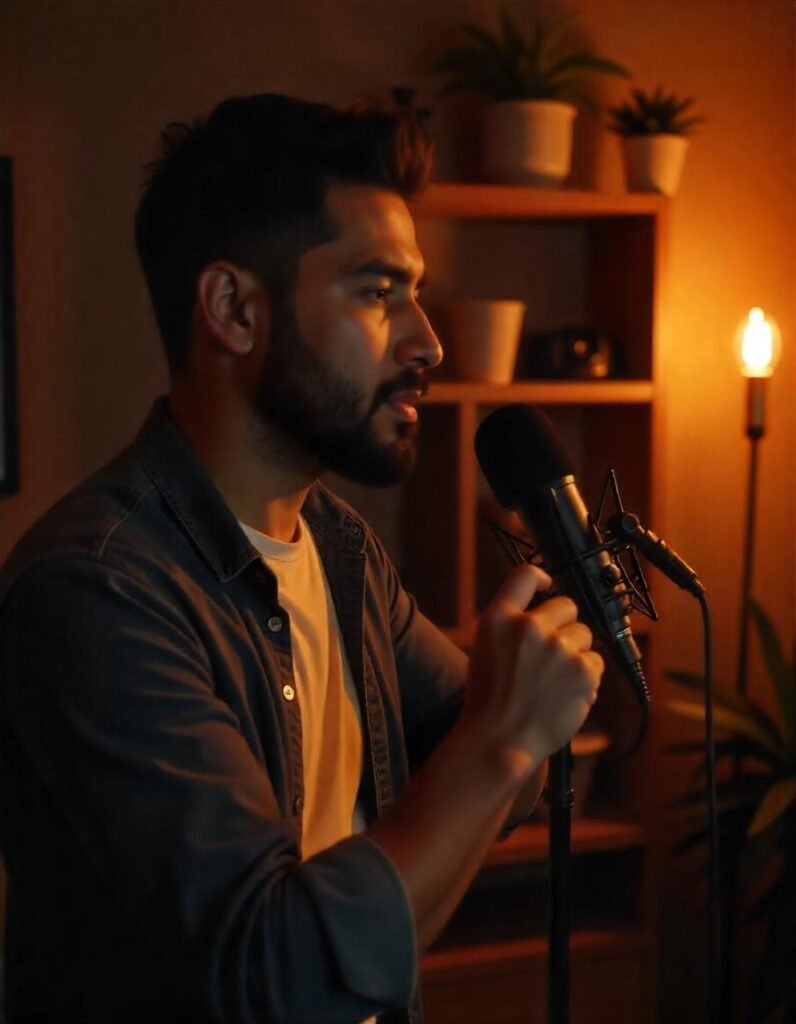 Professional vlogger using a cardioid microphone to capture high-quality audio in a studio setting."