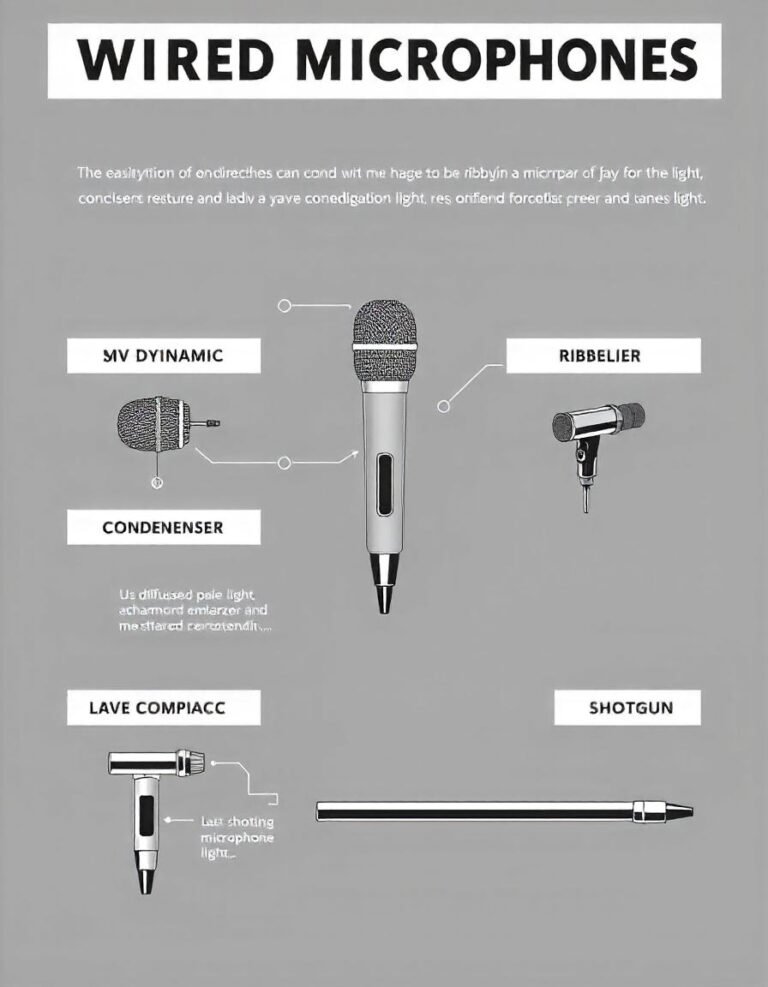 Infographic showing different types of wired microphones: dynamic, condenser, ribbon, lavalier, and shotgun with brief descriptions of each