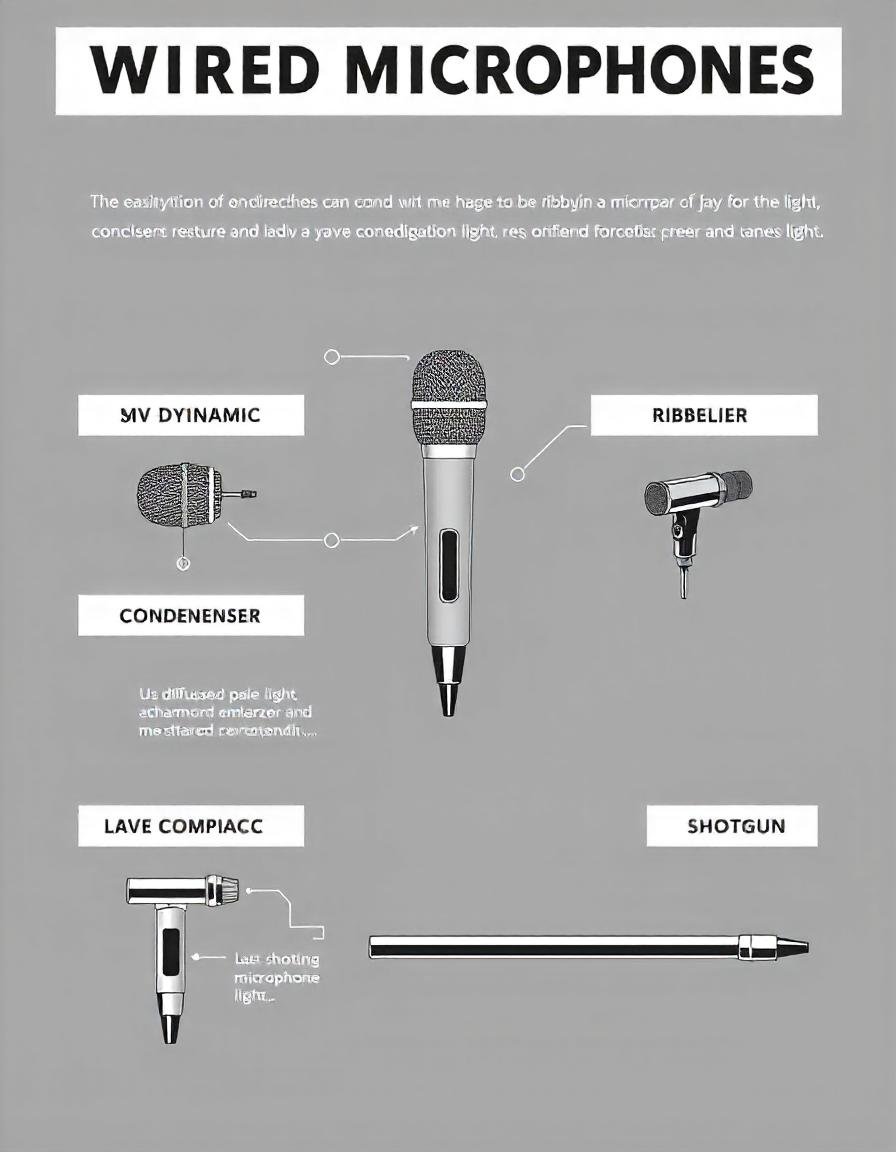Infographic showing different types of wired microphones: dynamic, condenser, ribbon, lavalier, and shotgun with brief descriptions of each