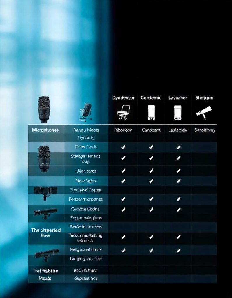 Comparison table of wired microphone types with icons and features: dynamic, condenser, ribbon, lavalier, and shotgun microphones