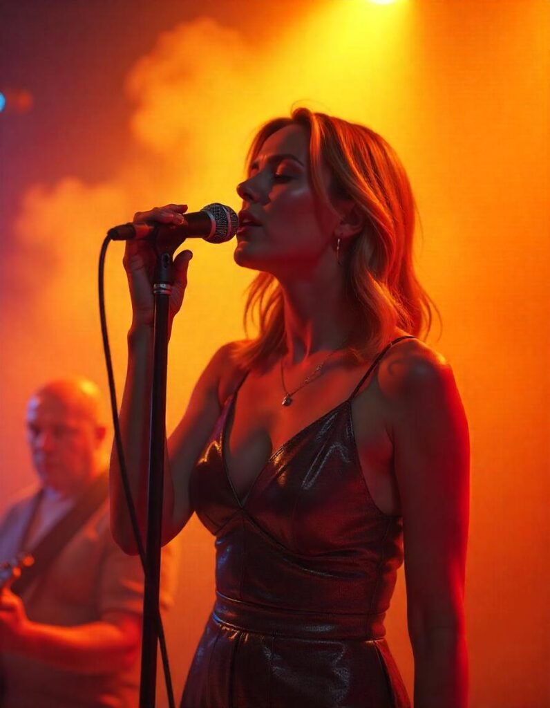 Shure SM58 dynamic microphone being used on stage during a live performance