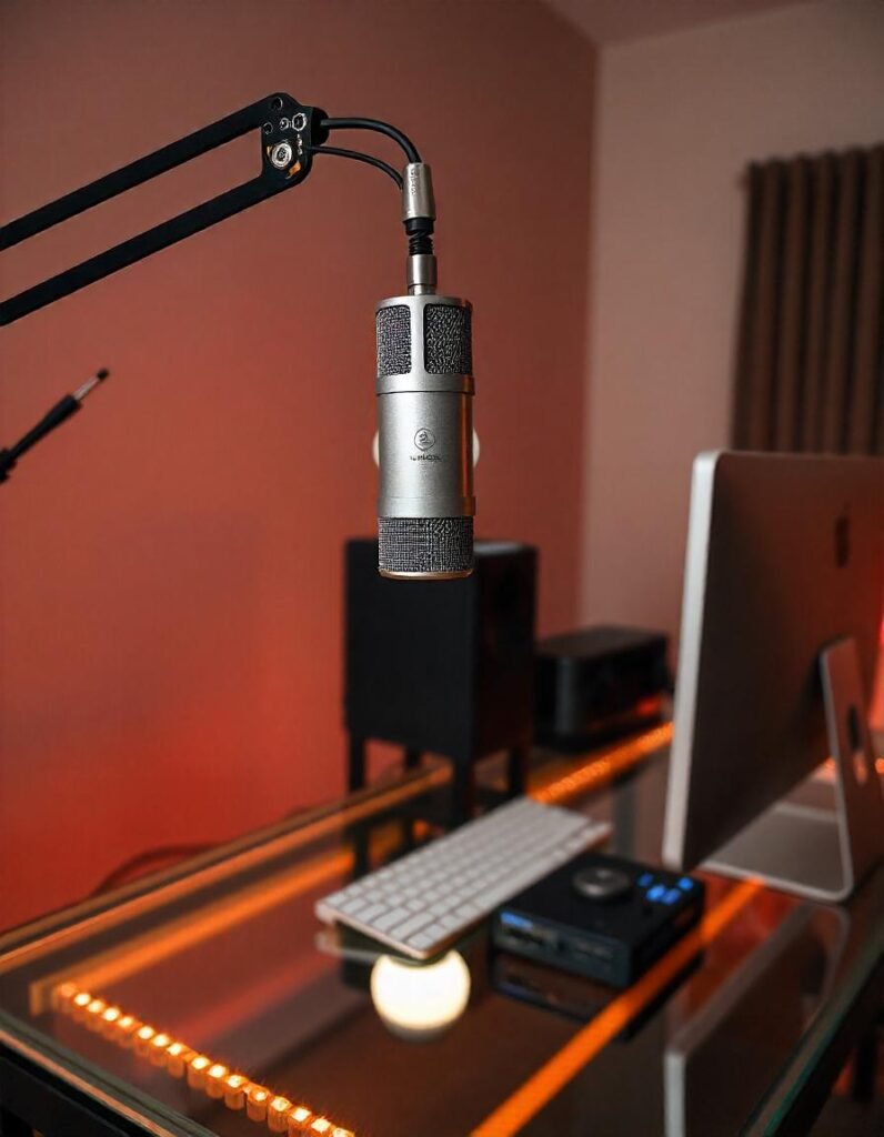 Home studio setup featuring the Audio-Technica AT2020 condenser microphone on a boom arm, with a computer and audio interface