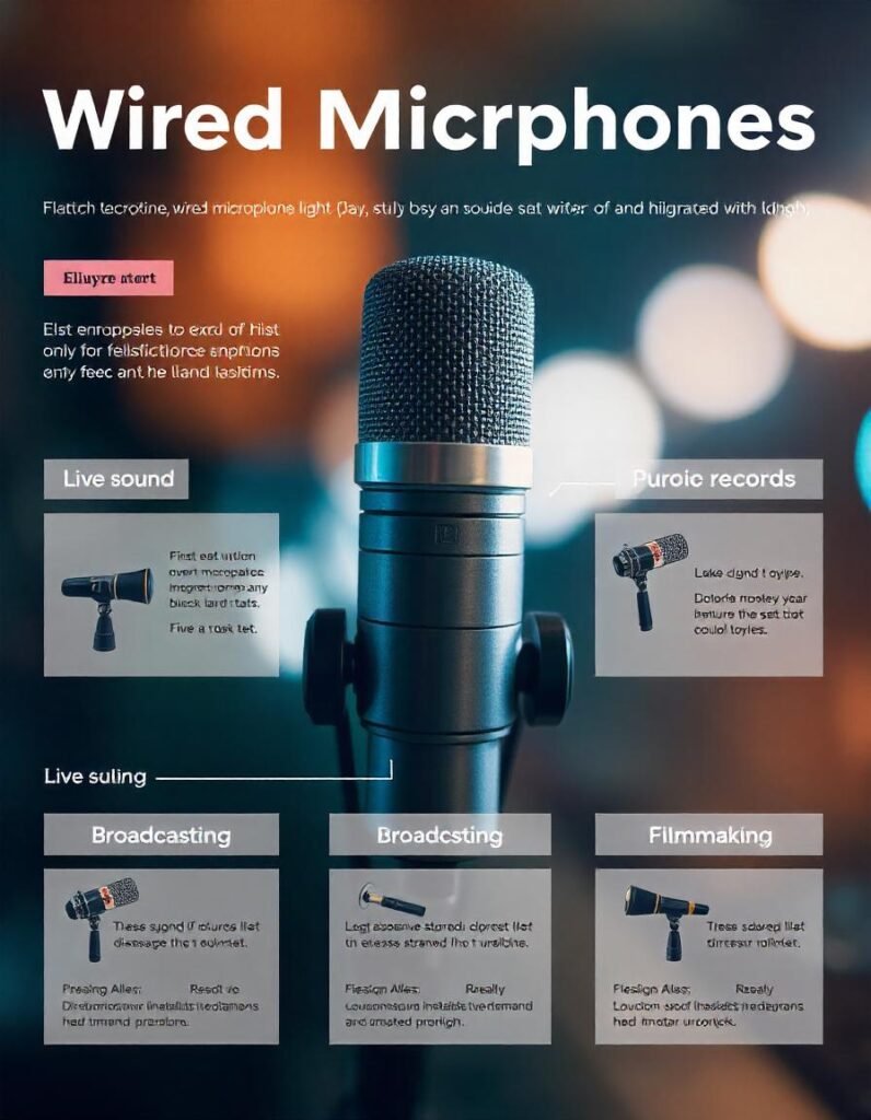 Infographic showcasing the best uses for wired microphones: studio recording, live sound, broadcasting, and filmmaking.