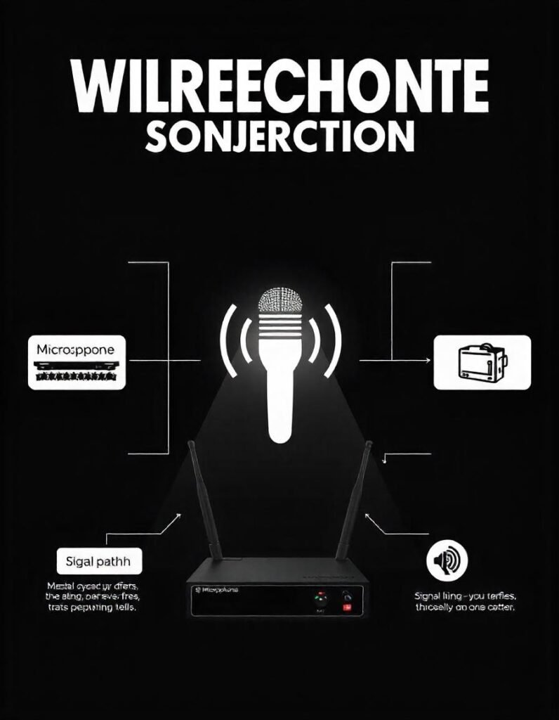 Infographic showing how a wireless microphone transmits sound to a receiver using radio waves.