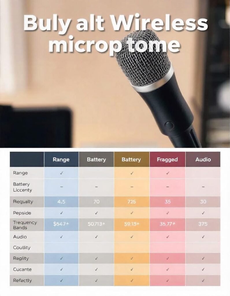  A comparison chart displaying key buying factors for wireless microphones, including range, battery life, and frequency