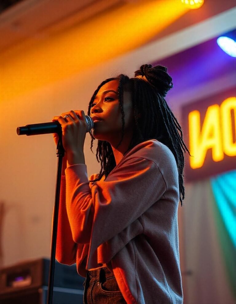 Performer on stage with a wireless microphone, illustrating the benefits of mobility and a clutter-free setup.