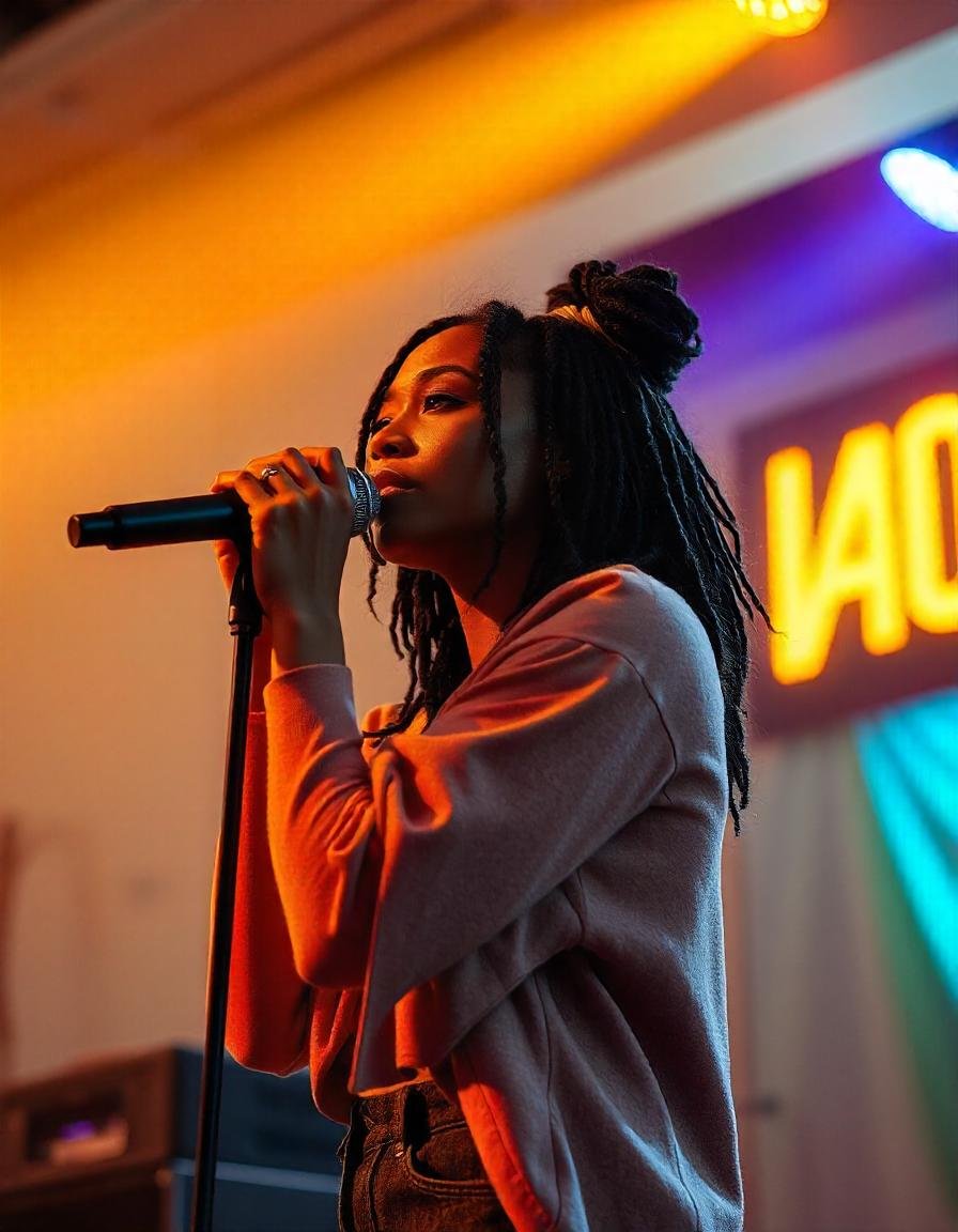 Performer on stage with a wireless microphone, illustrating the benefits of mobility and a clutter-free setup.