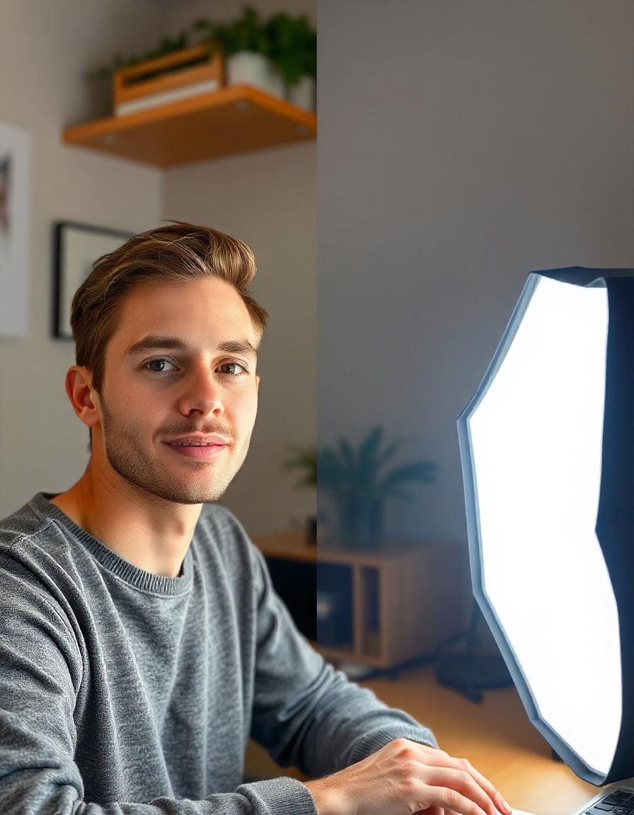 Vlogger using a softbox for professional lighting setup to enhance video quality