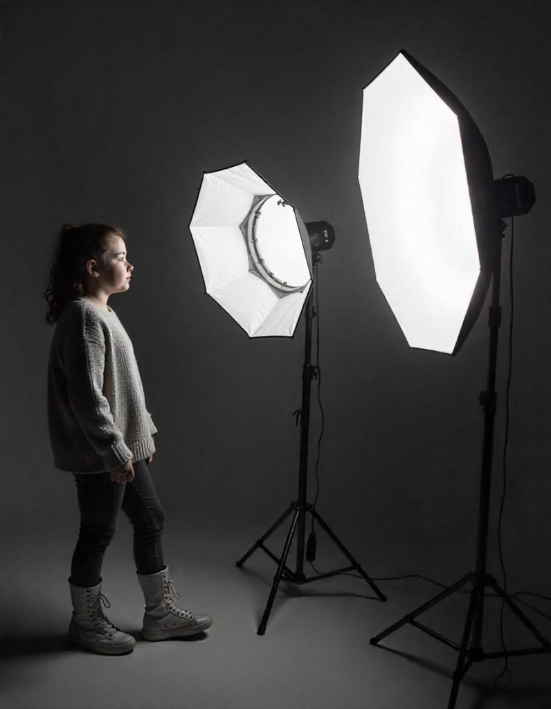 Comparison of different softbox shapes for vlogging: square, rectangular, and octagonal"