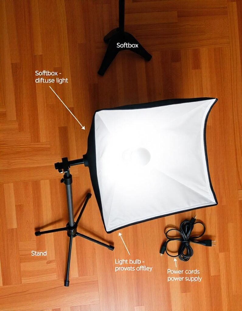 Components of a softbox kit: softbox, light stand, bulb, and power cords for vlogging setup