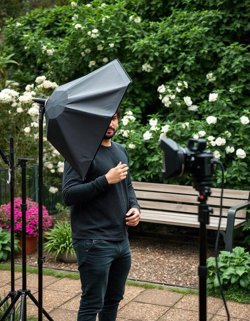 Portable softbox used for outdoor vlogging to enhance lighting in natural environments
