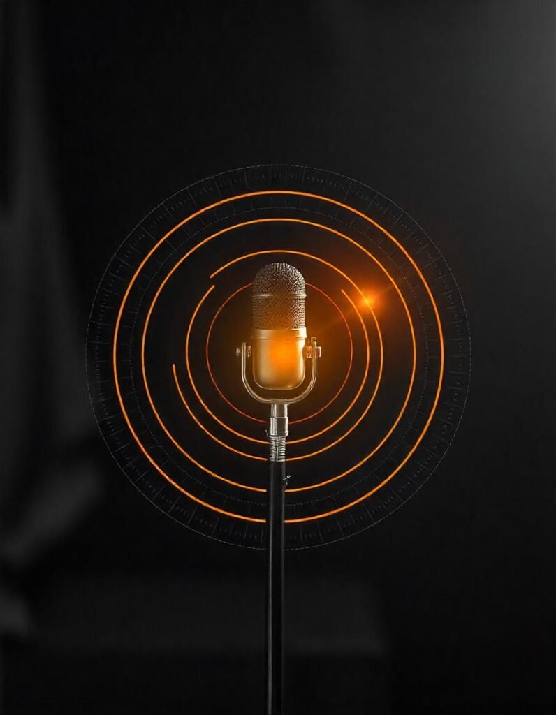 Diagram of an omnidirectional microphone showing a spherical 360° pickup pattern around it, with sound waves radiating equally in all directions to represent how the microphone captures sound from every angle."