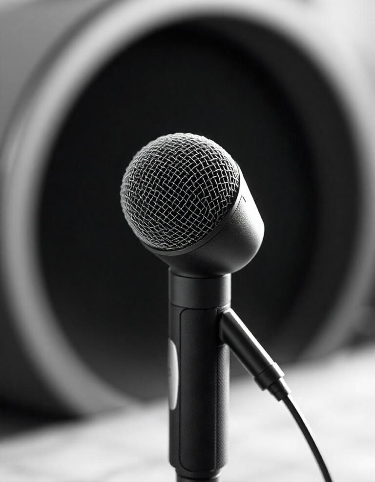 Close-up image of an omnidirectional microphone, highlighting its mesh head and design with soft lighting to emphasize its texture and details.