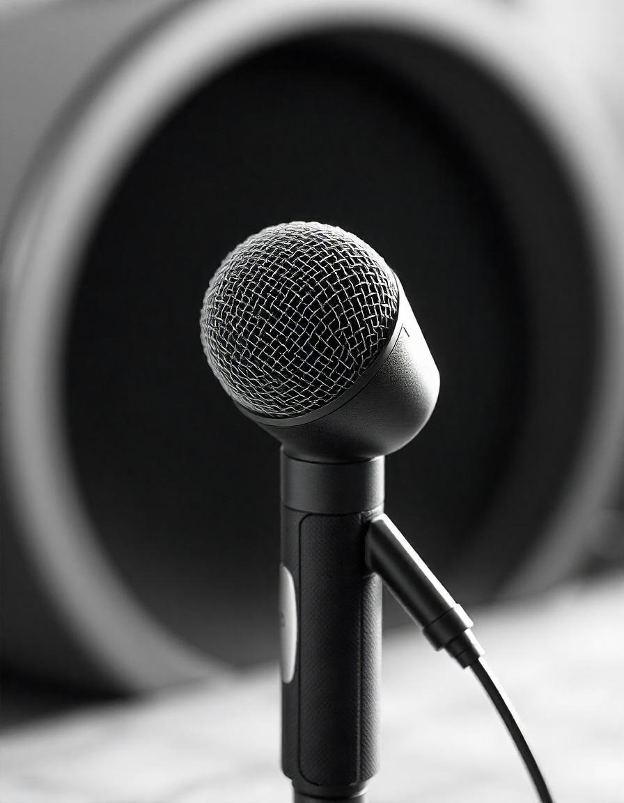 Close-up image of an omnidirectional microphone, highlighting its mesh head and design with soft lighting to emphasize its texture and details.