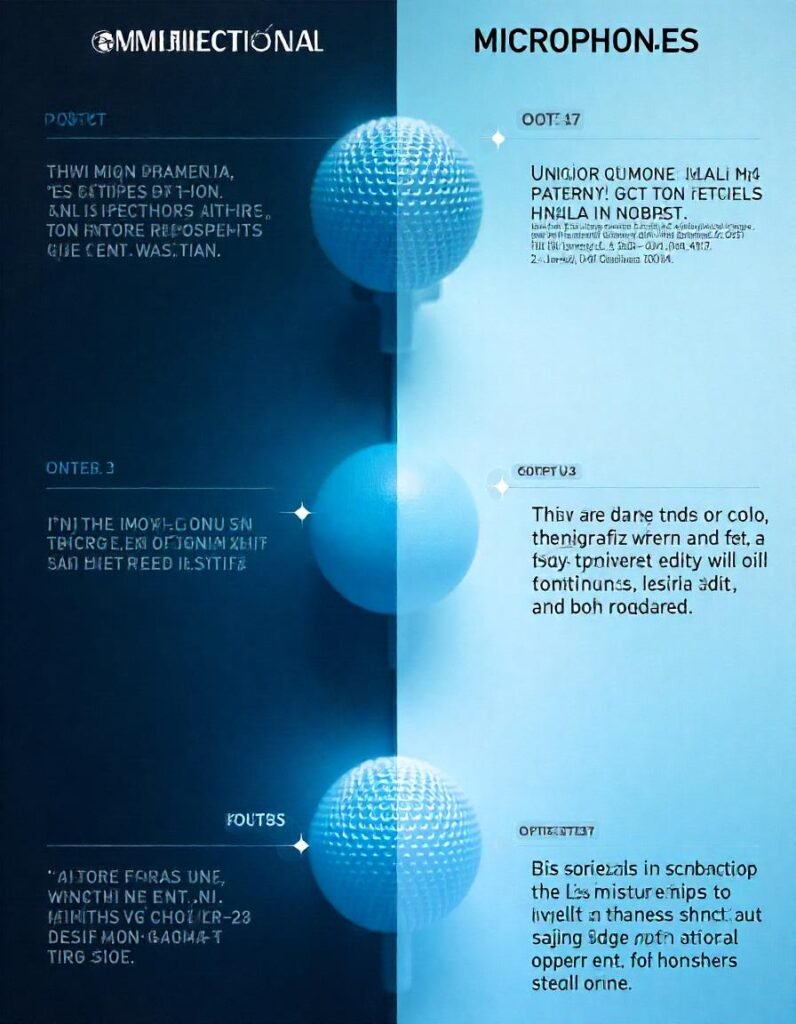 Infographic comparing omnidirectional, unidirectional, and bidirectional microphones. The omnidirectional microphone has a spherical pickup pattern, the unidirectional one focuses on a single direction, and the bidirectional one picks up sound from two opposite sides
