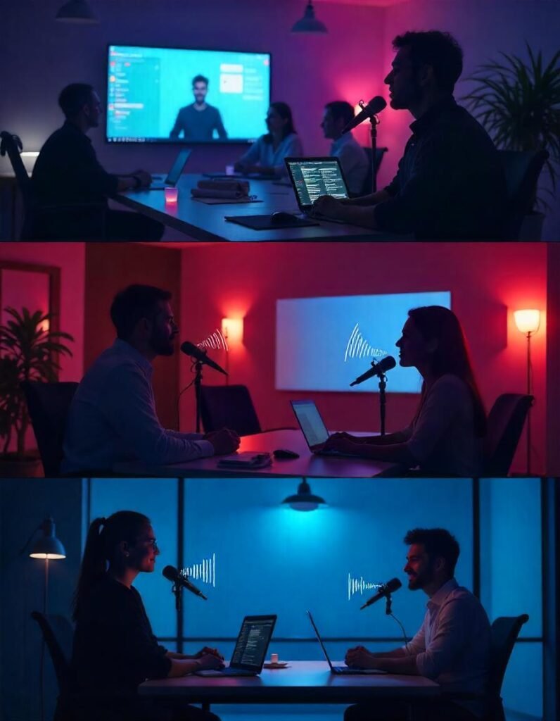 Illustration showing an omnidirectional microphone in different settings: a conference room, a podcast studio, and an outdoor recording environment, with soundwave icons radiating from the microphone in all directions