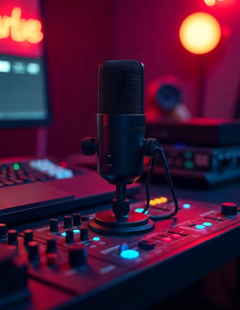 Illustration showing an omnidirectional microphone integrated with a recording system or soundboard, with cables and audio gear to emphasize its role in professional audio setups