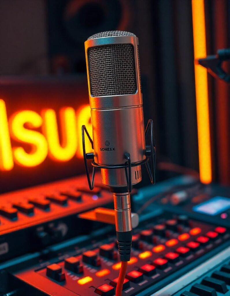 Illustration showing an omnidirectional microphone integrated with a recording system or soundboard, with cables and audio gear to emphasize its role in professional audio setups.