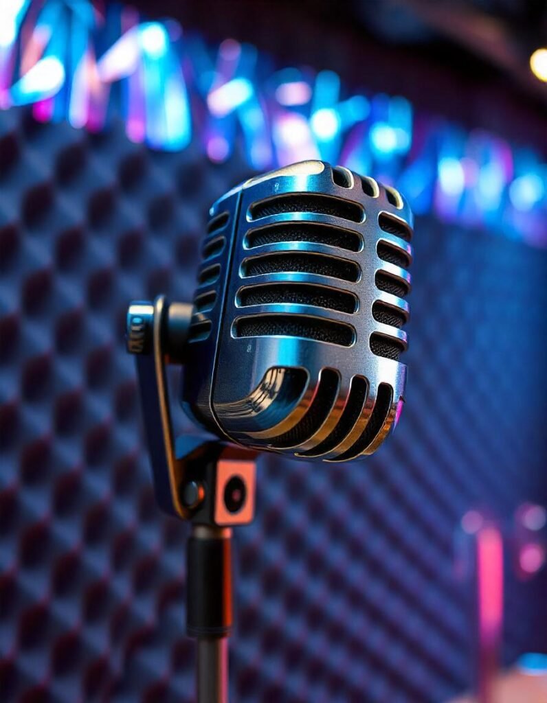 Illustration of an omnidirectional microphone in an acoustic environment, such as a soundproof studio or open field, demonstrating how the microphone captures both direct and ambient sounds from all directions