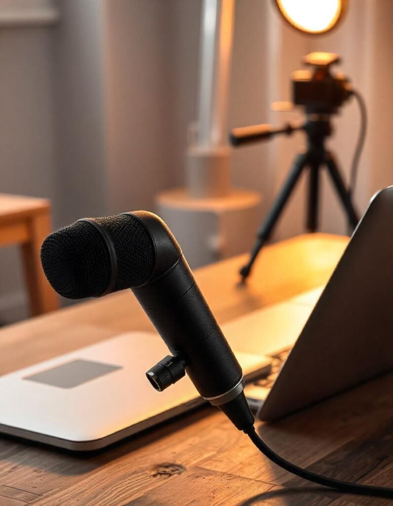 A USB microphone in a vlogging setup with a laptop and camera, showcasing a perfect setup for content creators