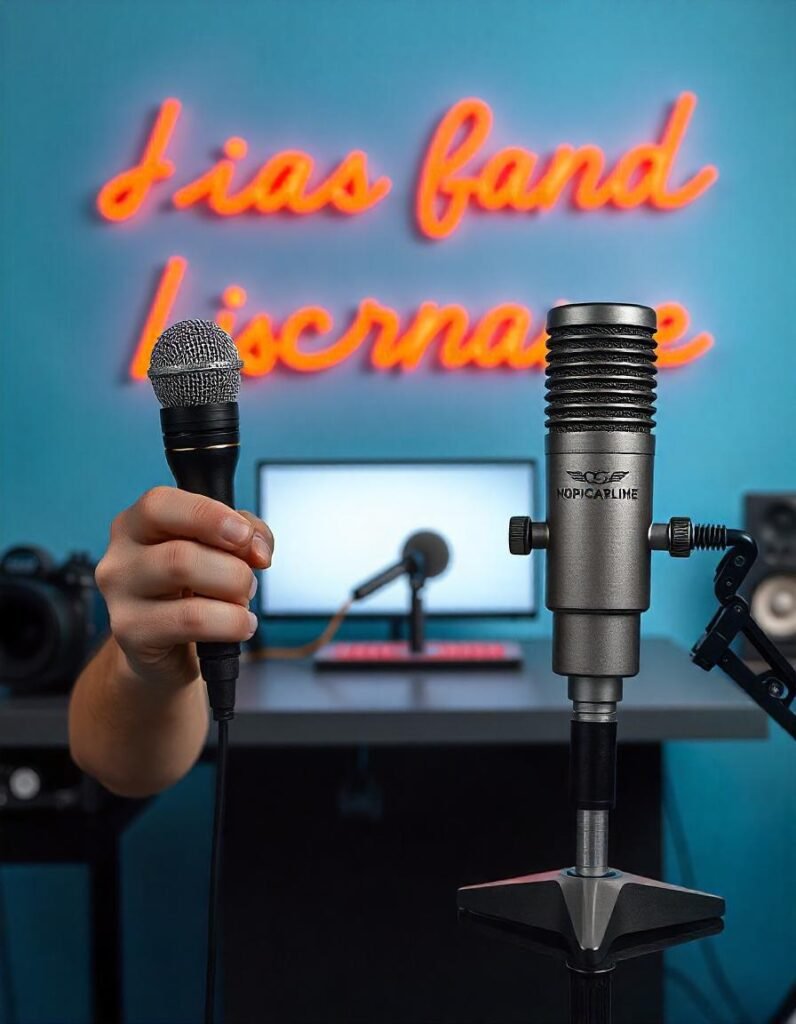 Side-by-side comparison of three USB microphones: handheld, desktop, and condenser types, highlighting the variety available for vlogging