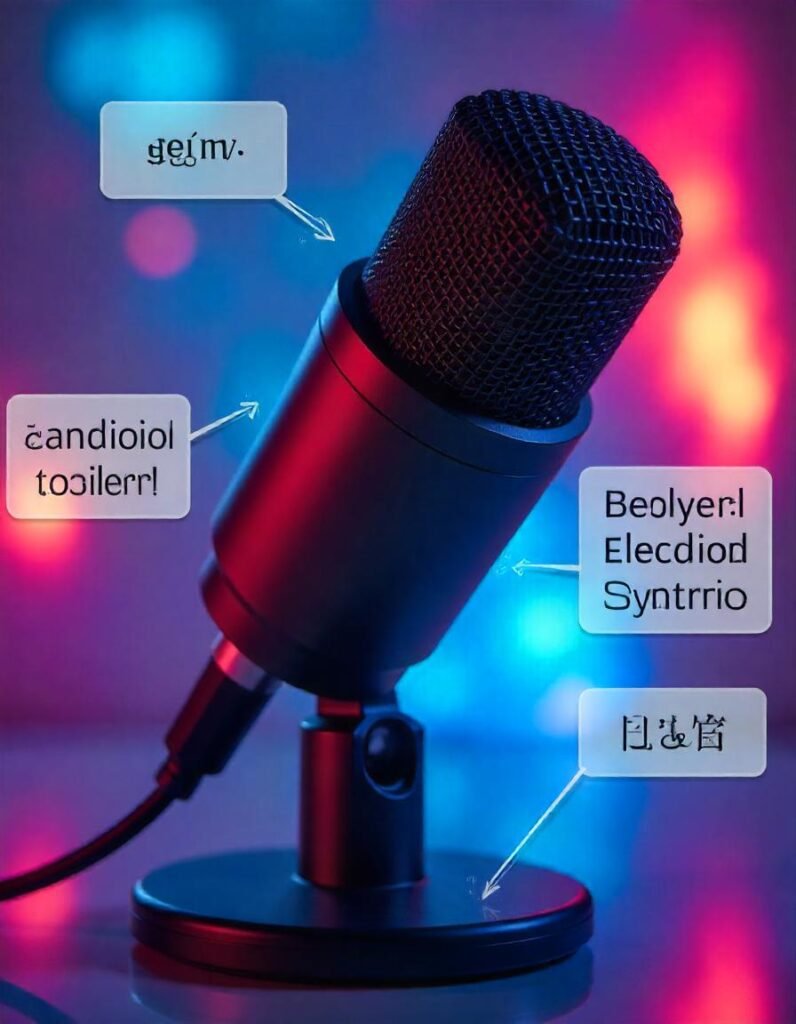 Close-up of a USB microphone with highlighted features like gain control, cardioid pattern, and USB port